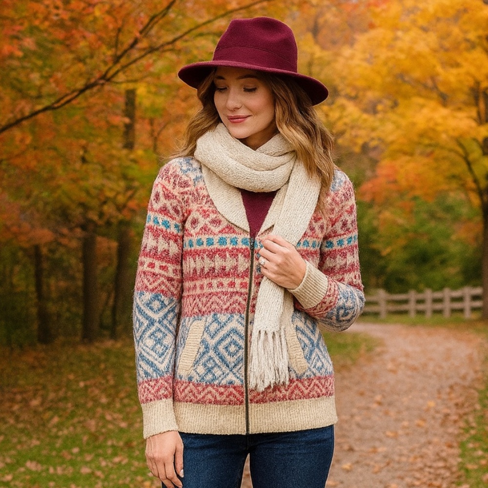 CAbi Highlands Fair Isle Cardigan Full‎ zip Jacket size XS